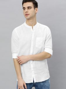 White Slim Fit Solid Linen Casual Shirt by Mast and Harbour